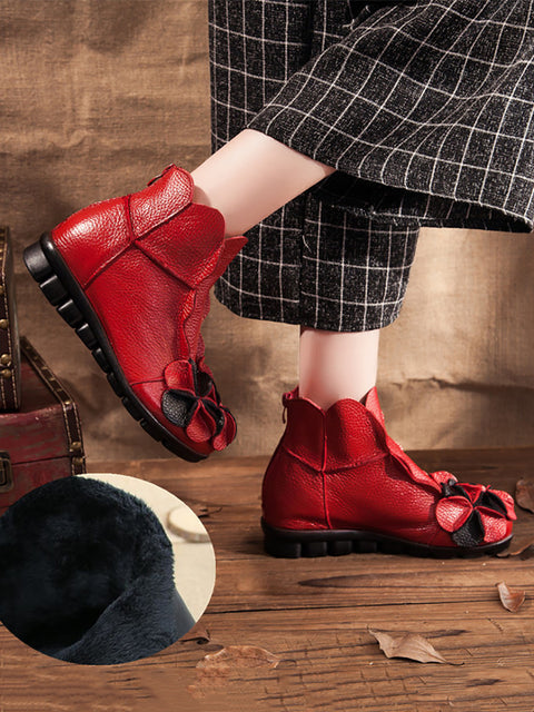 Botas femininas de inverno retrô couro flor emendada