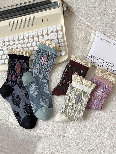 5 Pairs Women Autumn Artsy Flower JAcquard Cotton Socks