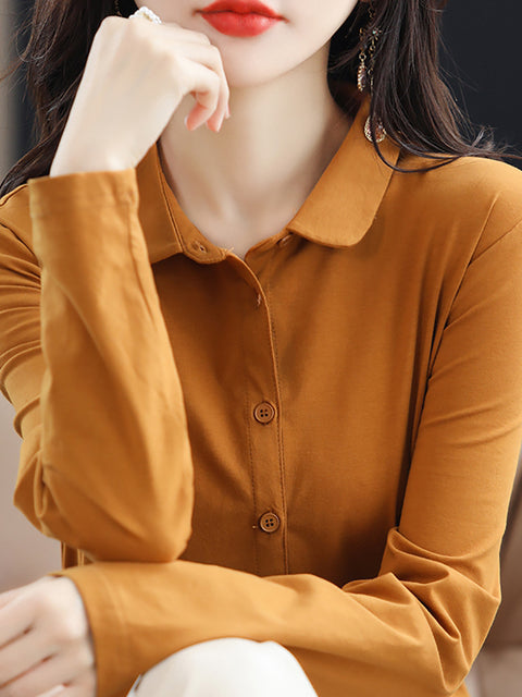 Camisa feminina de algodão com gola virada para baixo e cor pura