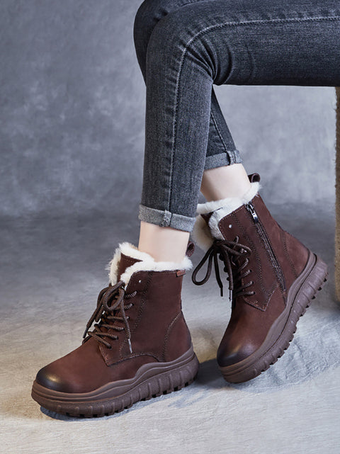 Botas femininas vintage de inverno em couro com forro de lã