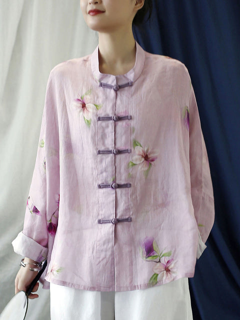 Plus Size Mulheres Vintage Flor Rosa Primavera Ramie Camisa Casaco