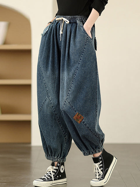 Women Spring Retro Patch Denim Harem Pants