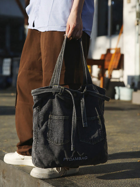 Bolsa de ombro feminina vintage sólida com bolso jeans