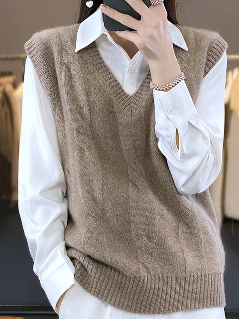 Women Casual Autumn Wool V-Neck Cable Knit Vest