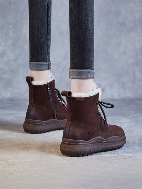 Botas femininas vintage de inverno em couro com forro de lã