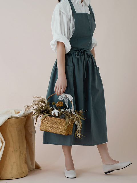 Women Casual Solid Summer Cotton Apron Dress