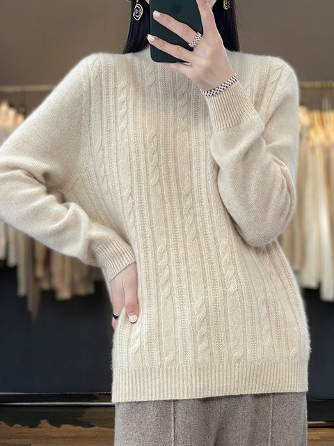 Women Autumn Solid Cable Knit 100%Wool Half Turtleneck Sweater