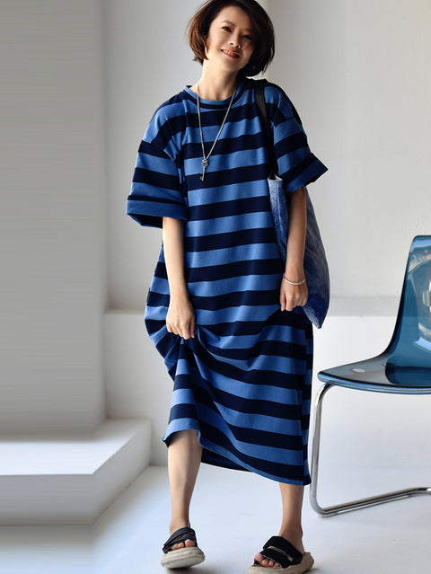 Plus Size Mulheres Casual Stripe Loose Maxi Dress