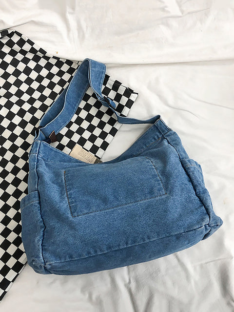 Bolsa feminina vintage sólida jeans grande capacidade