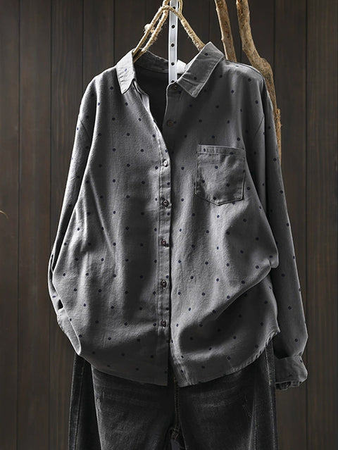 Women Vintage Autumn Dot 100%Cotton Shirt