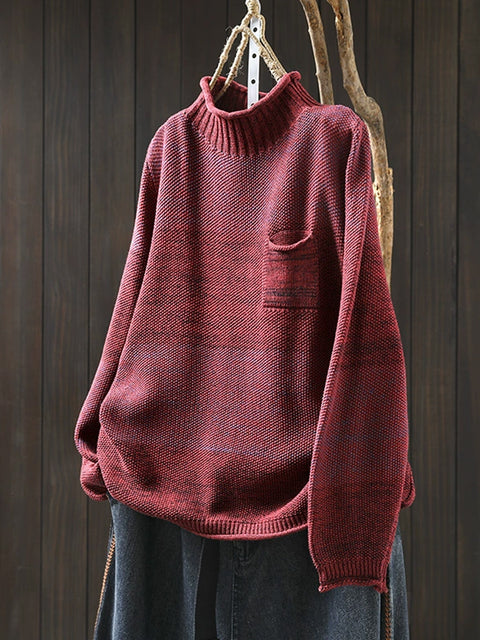 Women Autumn Casual Colorblcok Half-Turtleneck Sweater