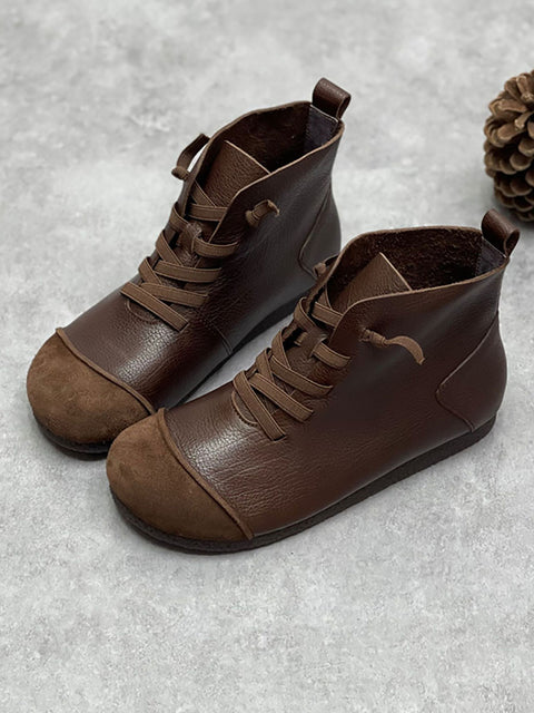 Botas femininas de inverno vintage de couro com cordão e tornozelo