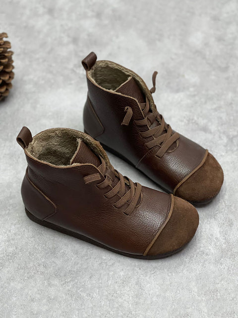 Botas femininas de inverno vintage de couro com cordão e tornozelo