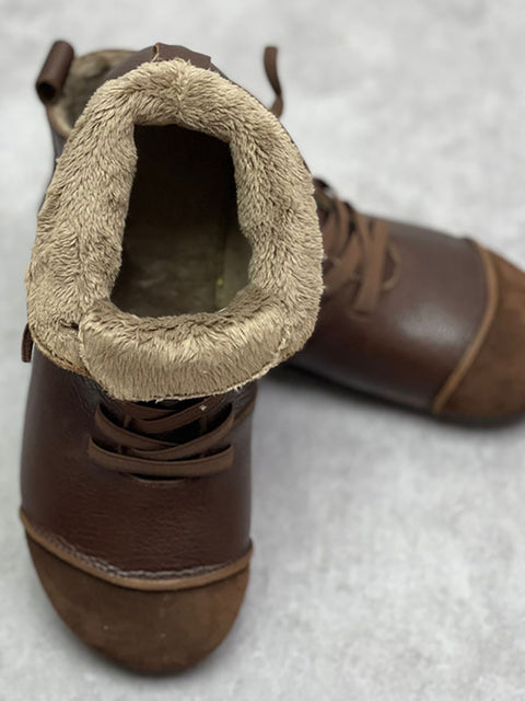 Botas femininas de inverno vintage de couro com cordão e tornozelo