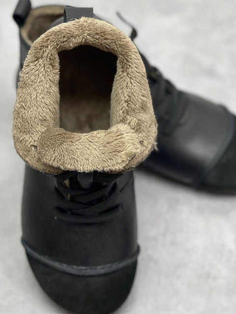 Botas femininas de inverno vintage de couro com cordão e tornozelo