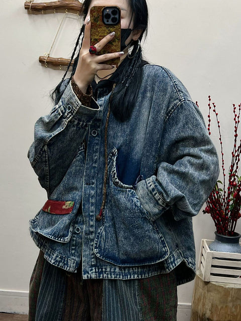 Plus Size Women Spring Retro Irregular Patch Pocket Denim Coat