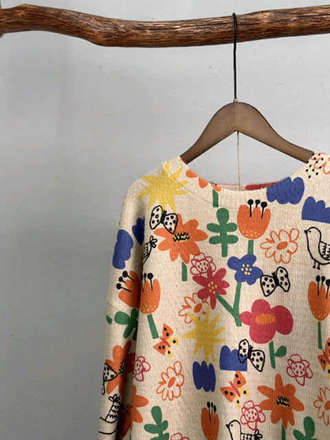 Camisa feminina de malha com estampa de flores fofas de outono