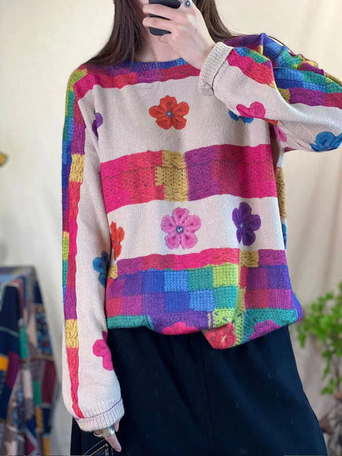 Suéter feminino casual de malha com estampa de flores de inverno