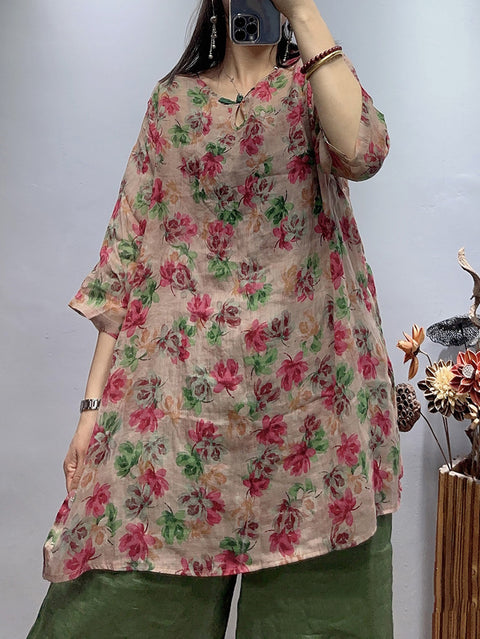 Camisa solta de rami para mulheres plus size vintage com flores e verão