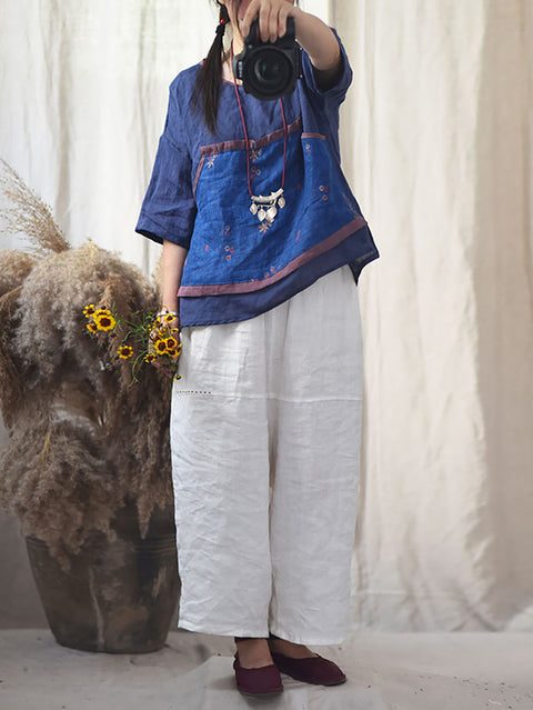 Camisa feminina de verão com gola redonda e estampa de flores étnicas