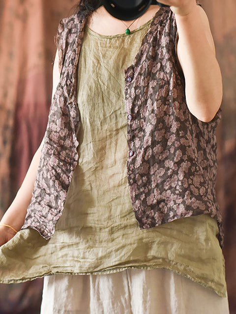 Women Artsy Floral Summer Ramie V-Neck Vest