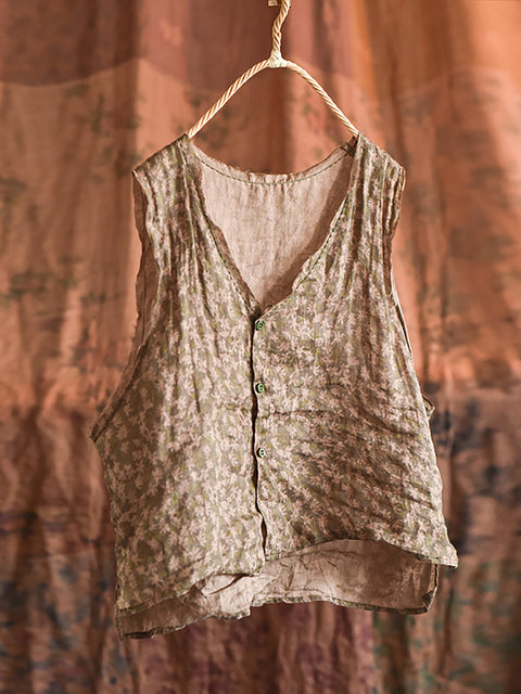 Women Artsy Floral Summer Ramie V-Neck Vest