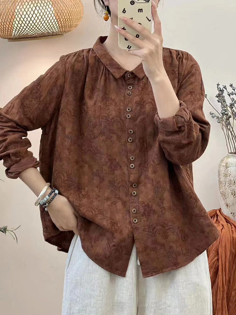 Blusa de algodão com botões e flores vintage de outono para mulheres