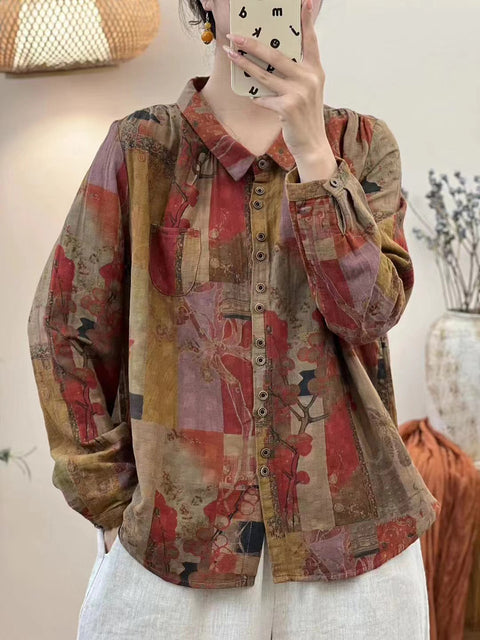 Blusa de algodão com botões e flores vintage de outono para mulheres