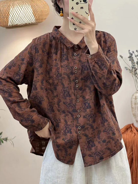 Blusa de algodão com botões e flores vintage de outono para mulheres