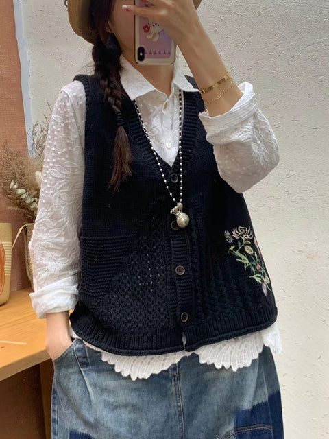 Women Autumn Artsy Flower Embroidery Knit V-Neck Vest