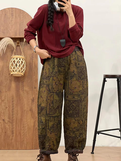 Women Autumn Retro Cotton Print Cotton Straight Pants