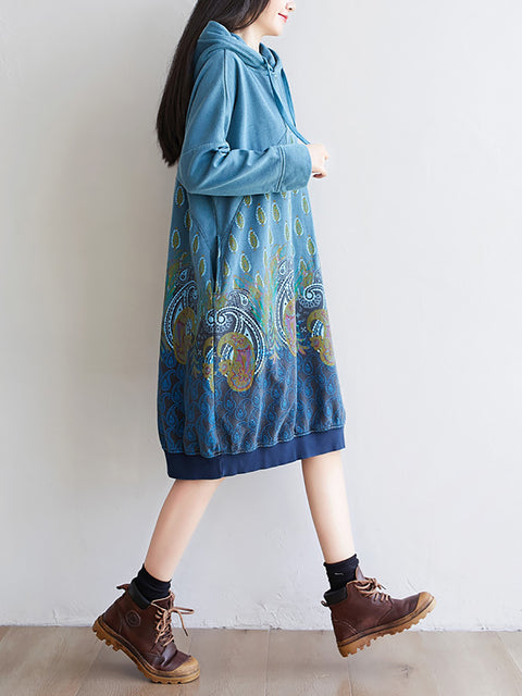 Women Ethnic Autumn Print Hooded Dress