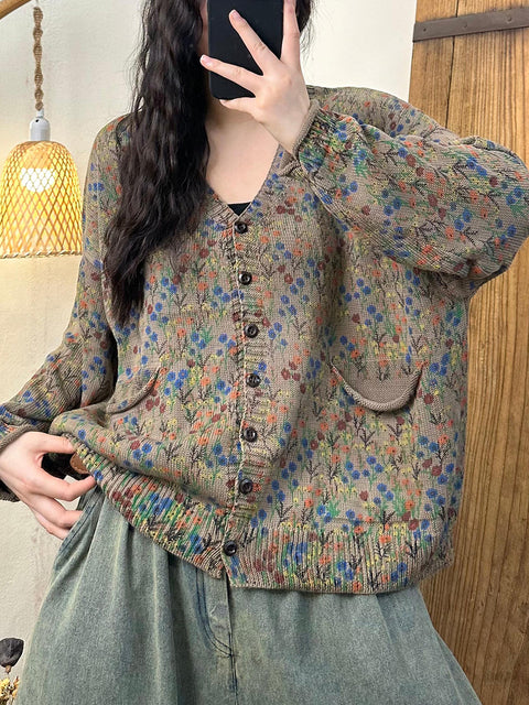 Women Vintage Autumn Floral V-Neck Button-up Knit Sweater