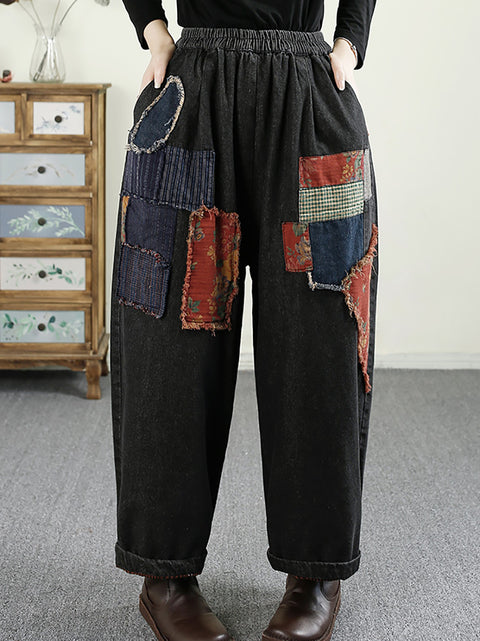 Women Autumn Retro Patch Spliced Denim Harem Pants