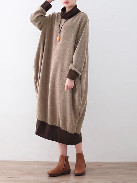 Women Vintage Autumn Colorblock Turtleneck Cotton  Dress