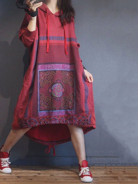 Women Ethnic Autumn Flower Hooded Dress