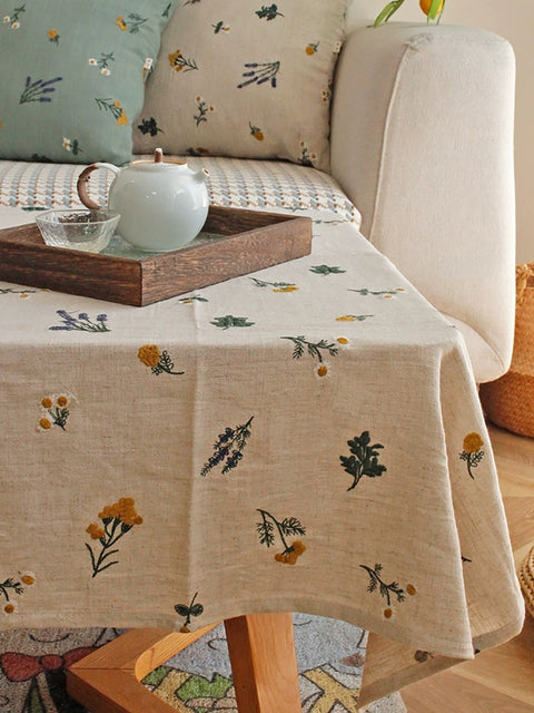 Artsy Foral Embroidery Cover Linen Tablecloth