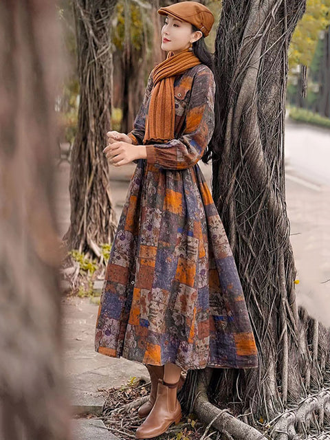 Vestido de linho com botões florais vintage de outono para mulheres