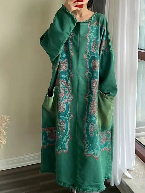 Vestido de linho com botões florais vintage de outono para mulheres