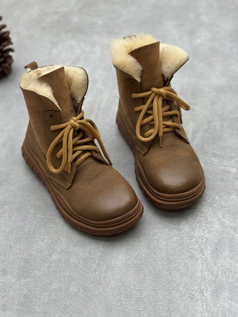 Botas de couro forradas com lã vintage para mulheres inverno