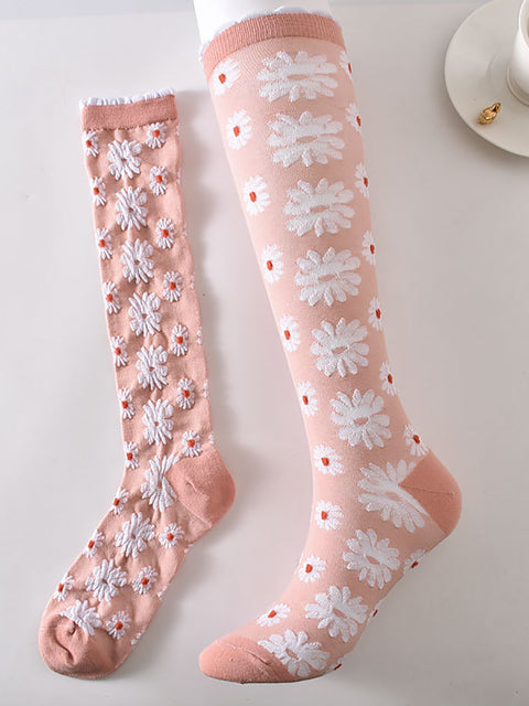 6 Pairs Women Artsy Floral Jacquard Cotton Long Socks