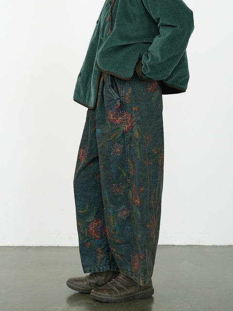 Women Winter Retro Flower Denim Spliced Wide-leg Pants