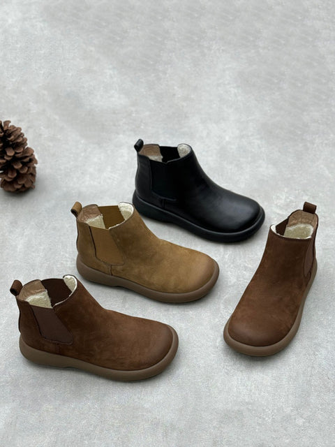 Botas femininas de inverno de couro com forro de lã e tornozelo plano