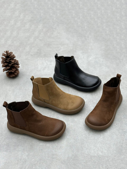 Botas femininas de inverno de couro com forro de lã e tornozelo plano