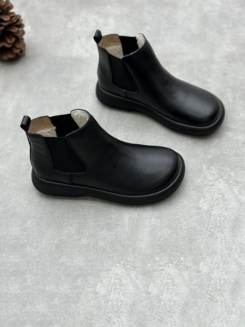 Botas femininas de inverno de couro com forro de lã e tornozelo plano