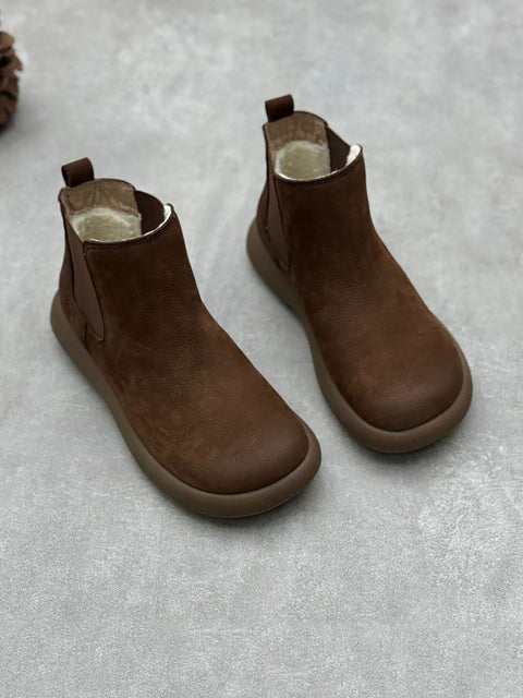 Botas femininas de inverno de couro com forro de lã e tornozelo plano