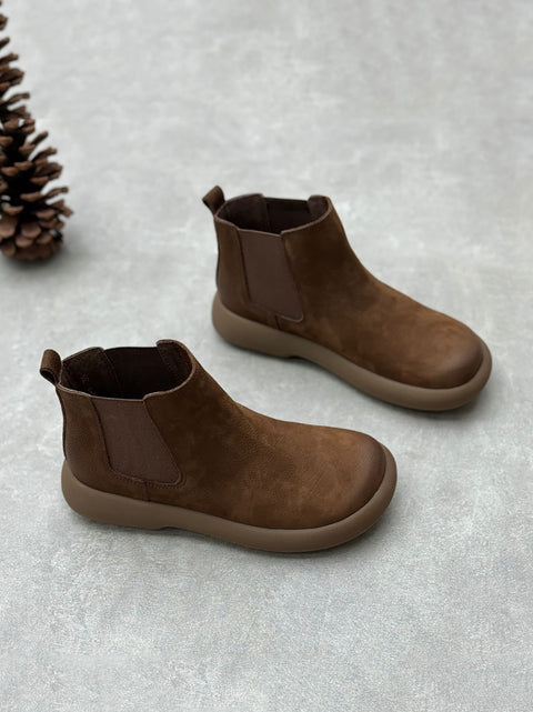 Botas femininas de inverno de couro com forro de lã e tornozelo plano