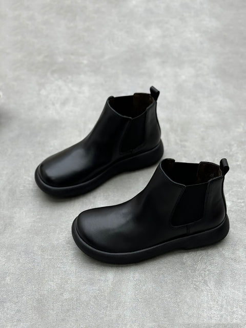 Botas femininas de inverno de couro com forro de lã e tornozelo plano