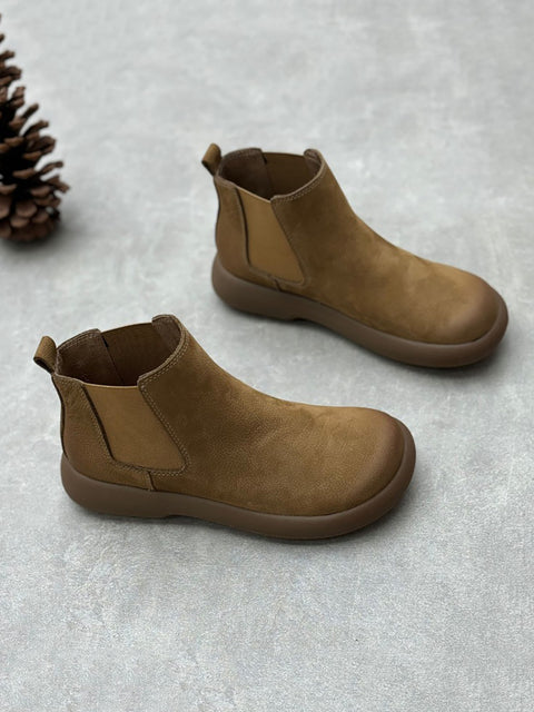 Botas femininas de inverno de couro com forro de lã e tornozelo plano