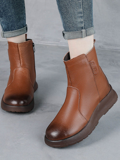 Botas de inverno femininas de couro legítimo com forro de lã